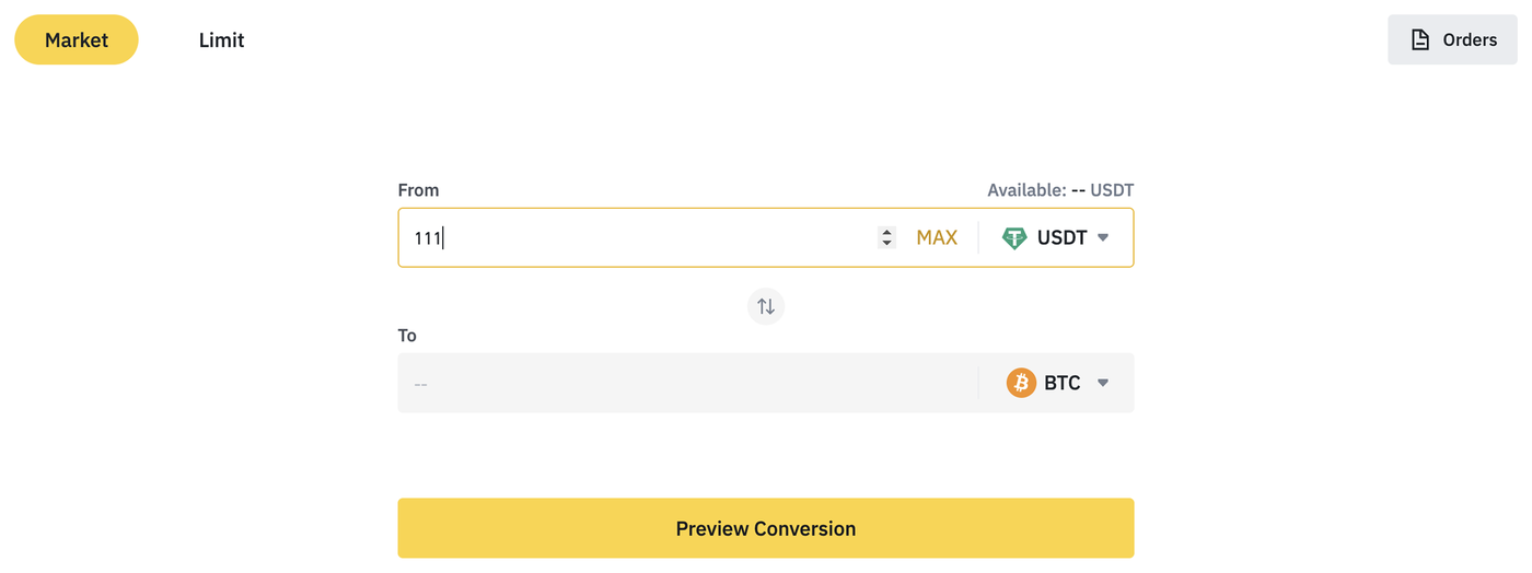 Old Binance Convert Market screen with a small From input, a MAX stepper, no converted amount shown, and a Preview Conversion button.