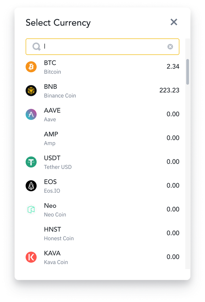 Select Currency modal in Binance Convert with a search field and a list of assets showing each holding's balance.