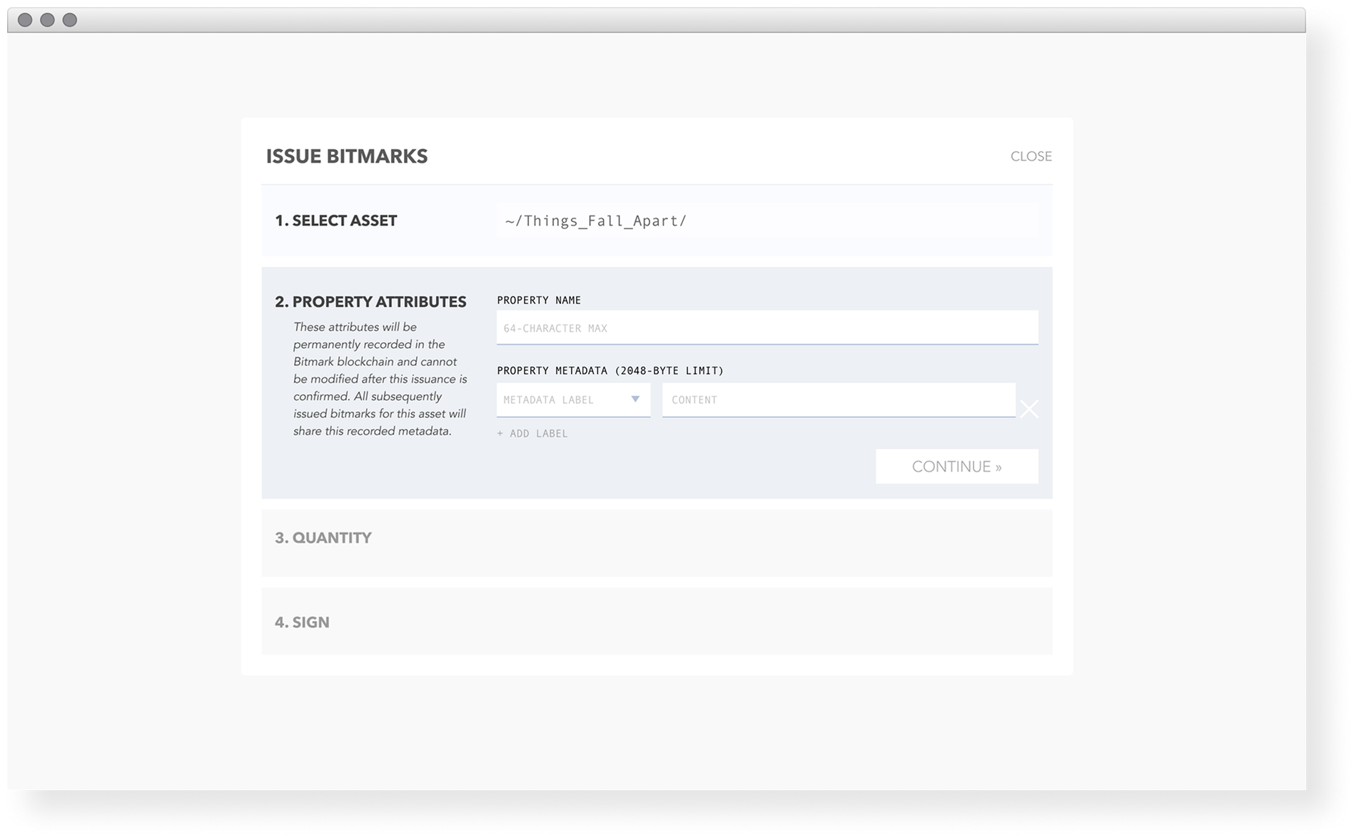 Bitmark issue screen: setting asset attributes and metadata before issuing a limited asset.