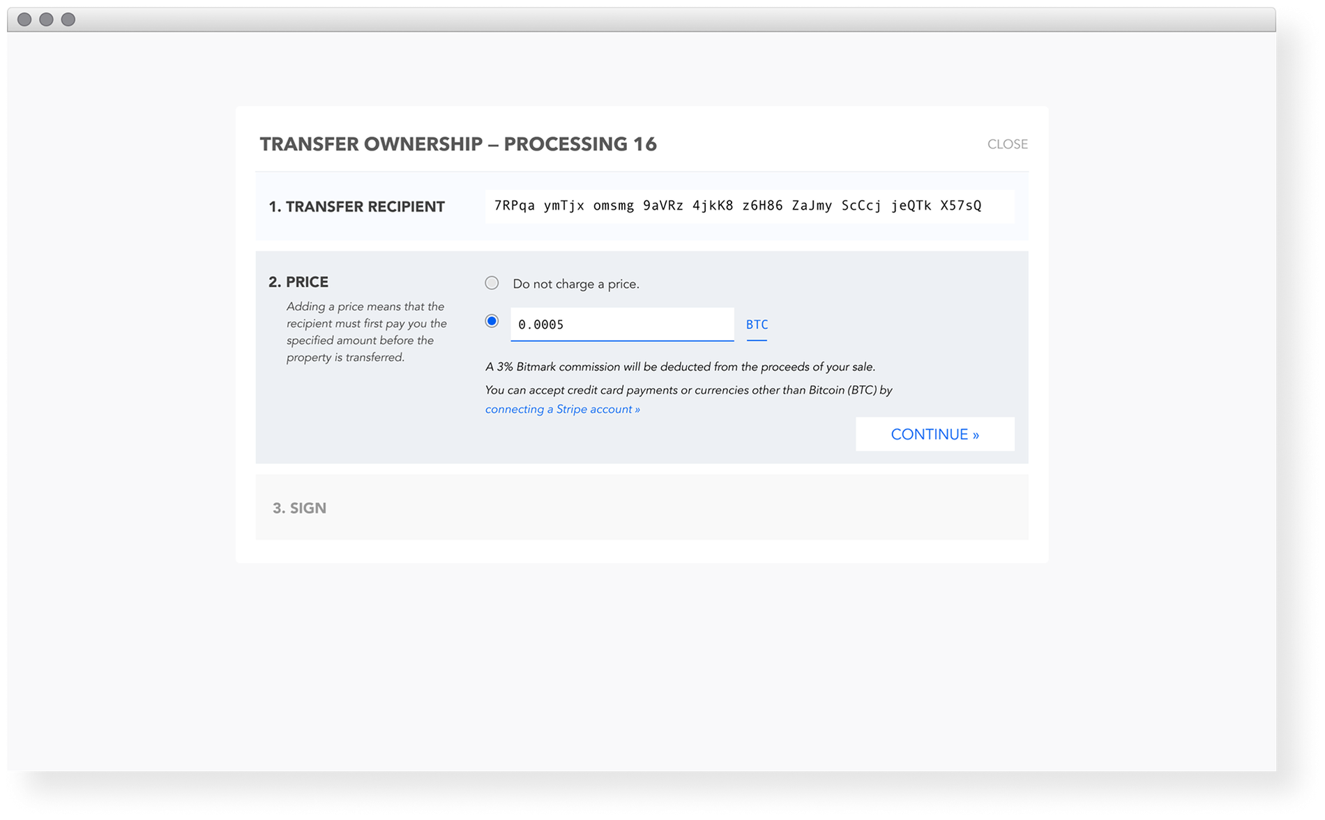 Bitmark transfer ownership screen with recipient, price, and a clear confirmation step.
