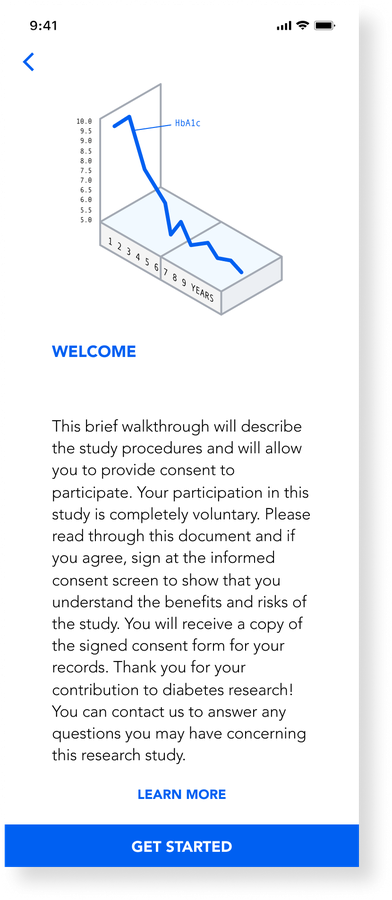 Bitmark Health study welcome screen introducing the consent walkthrough for a diabetes research study, with a chart illustration.