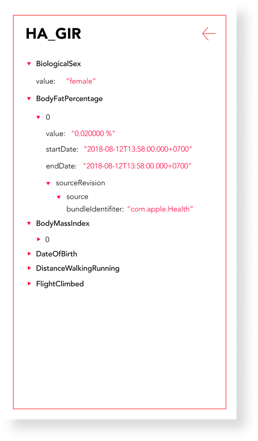 Bitmark Health data detail showing structured Apple Health values as a readable tree.