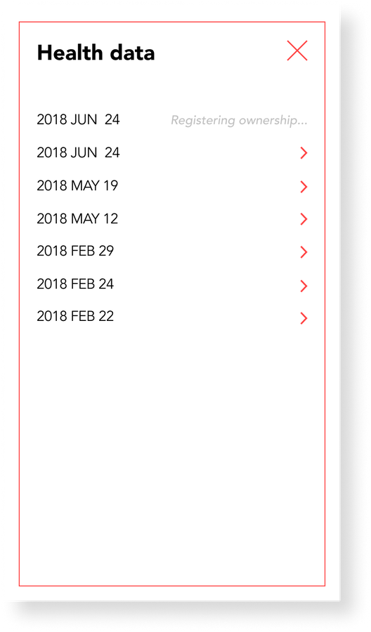 Bitmark Health data index listing health records by date.