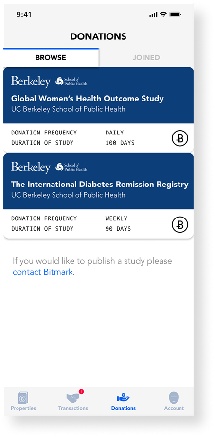 Bitmark Health donations browser listing health research studies users can contribute to.