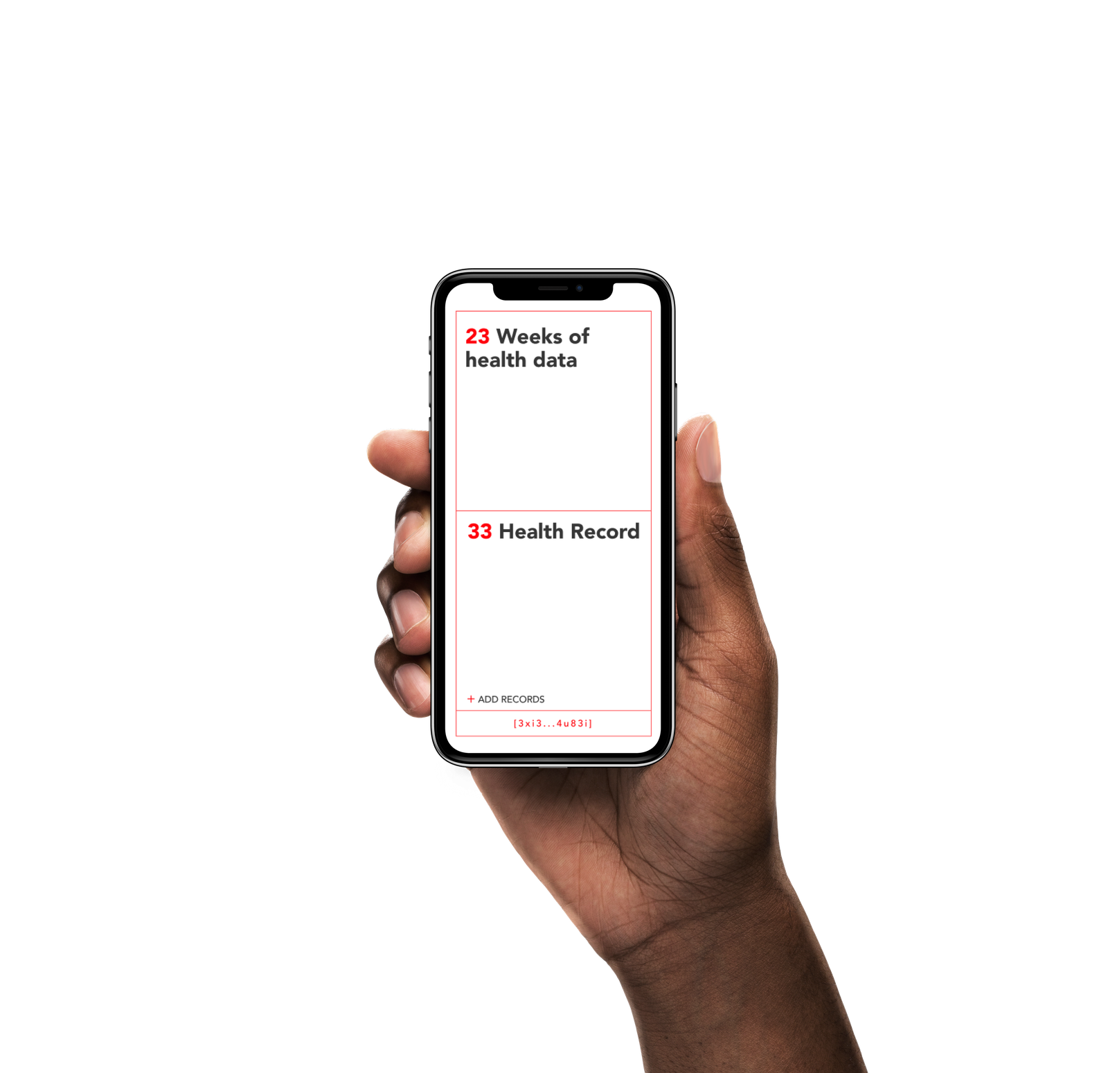 Bitmark Health shown on an iPhone held in hand, surfacing weeks of health data and health records.