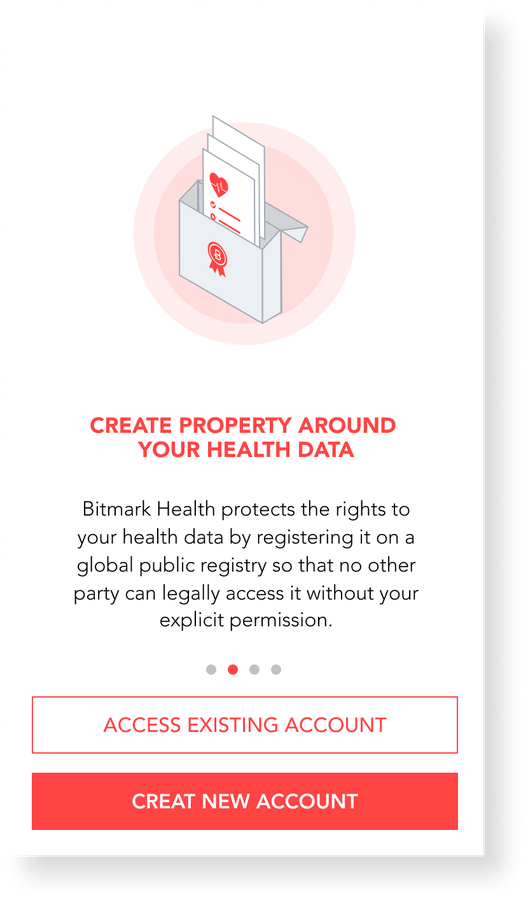 Bitmark Health onboarding screen: create property around your health data.