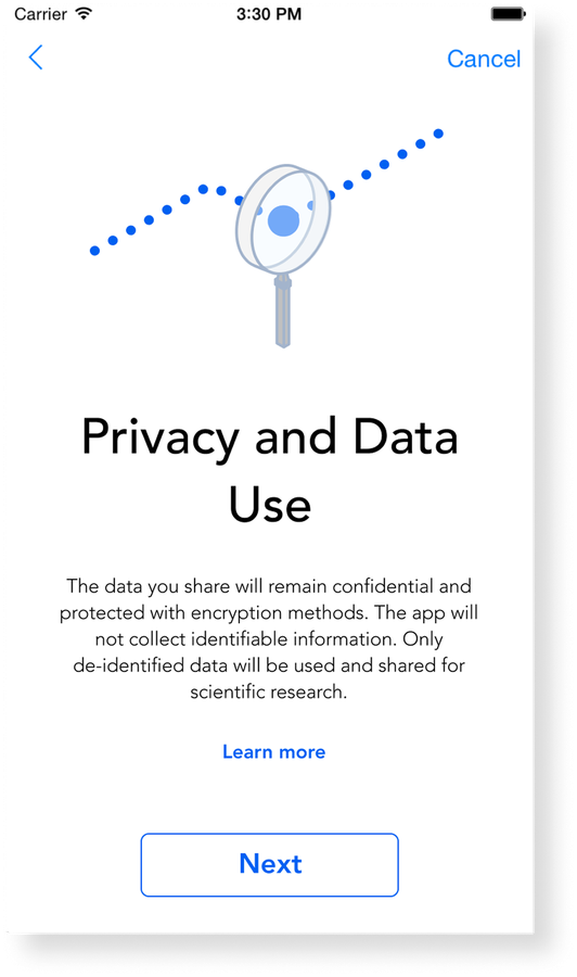 Bitmark Health study onboarding screen explaining privacy and data use.
