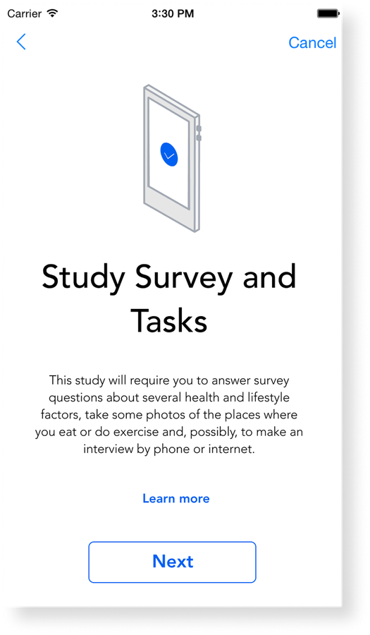 Bitmark Health study onboarding screen explaining study surveys and tasks.