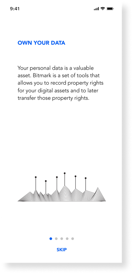 Bitmark mobile onboarding screen titled Own your data, explaining that personal data is a valuable asset and Bitmark records property rights for it.