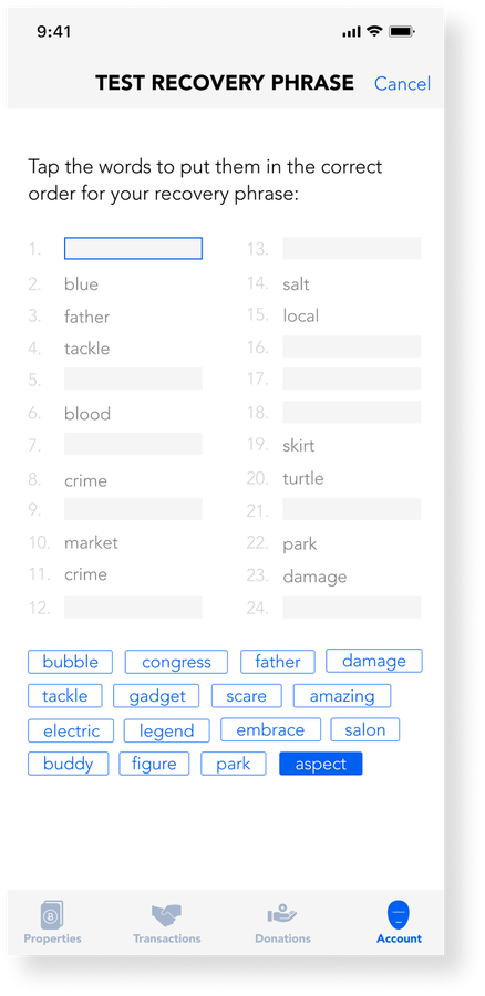 Bitmark mobile recovery-phrase screen asking the user to order their phrase words correctly.