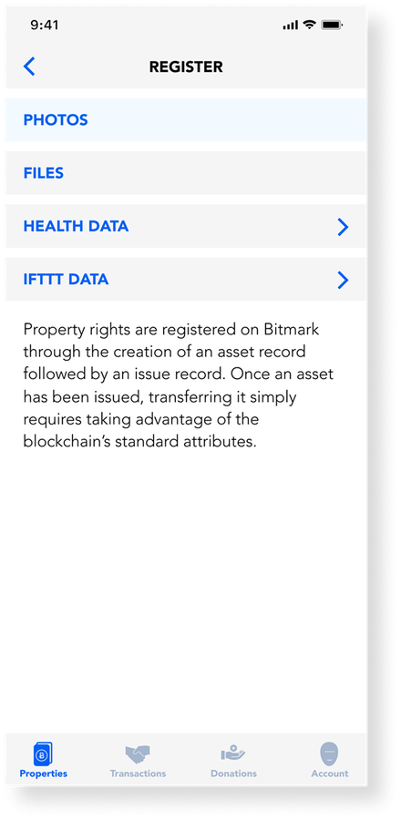 Bitmark mobile register screen listing data sources such as photos, files, and health data.