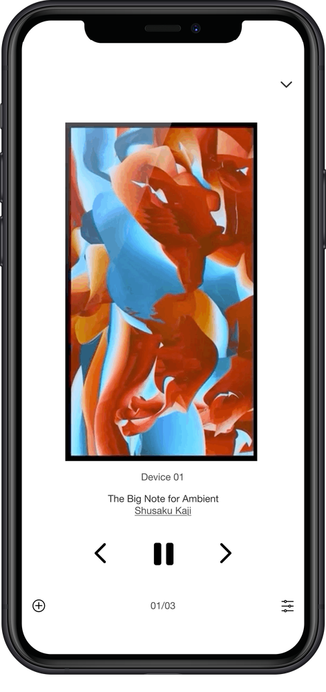 Framed* live preview screen showing the artwork currently playing on the device with playback controls.