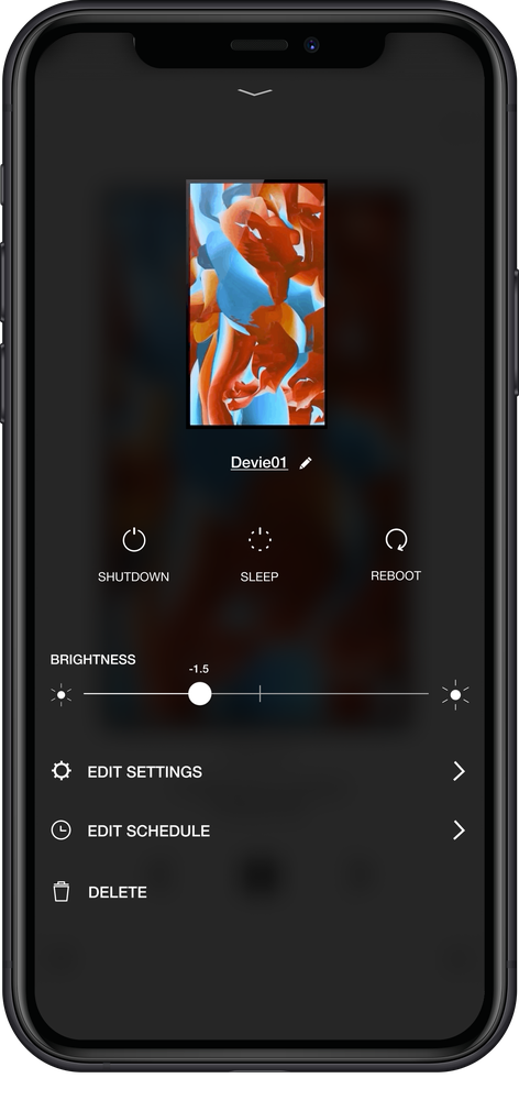Framed* device control panel with brightness slider, edit settings, edit schedule, and delete options.