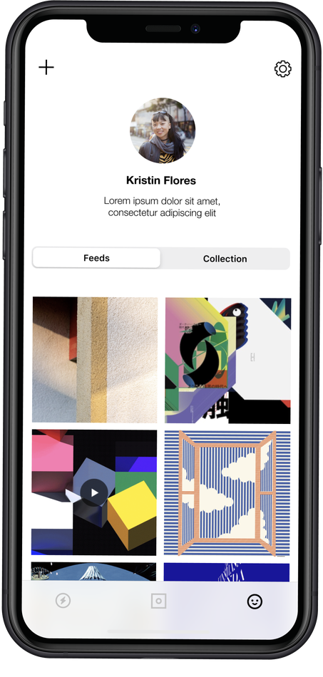 Framed app profile screen with a user profile, Feeds and Collection tabs, and a grid of digital artworks.