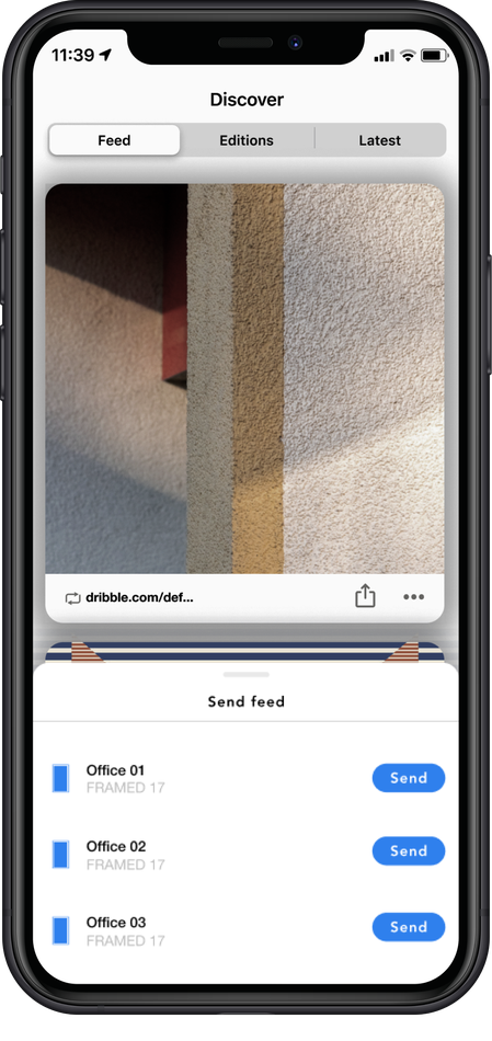 Framed* send-feed screen sending an artwork to specific devices in two taps.