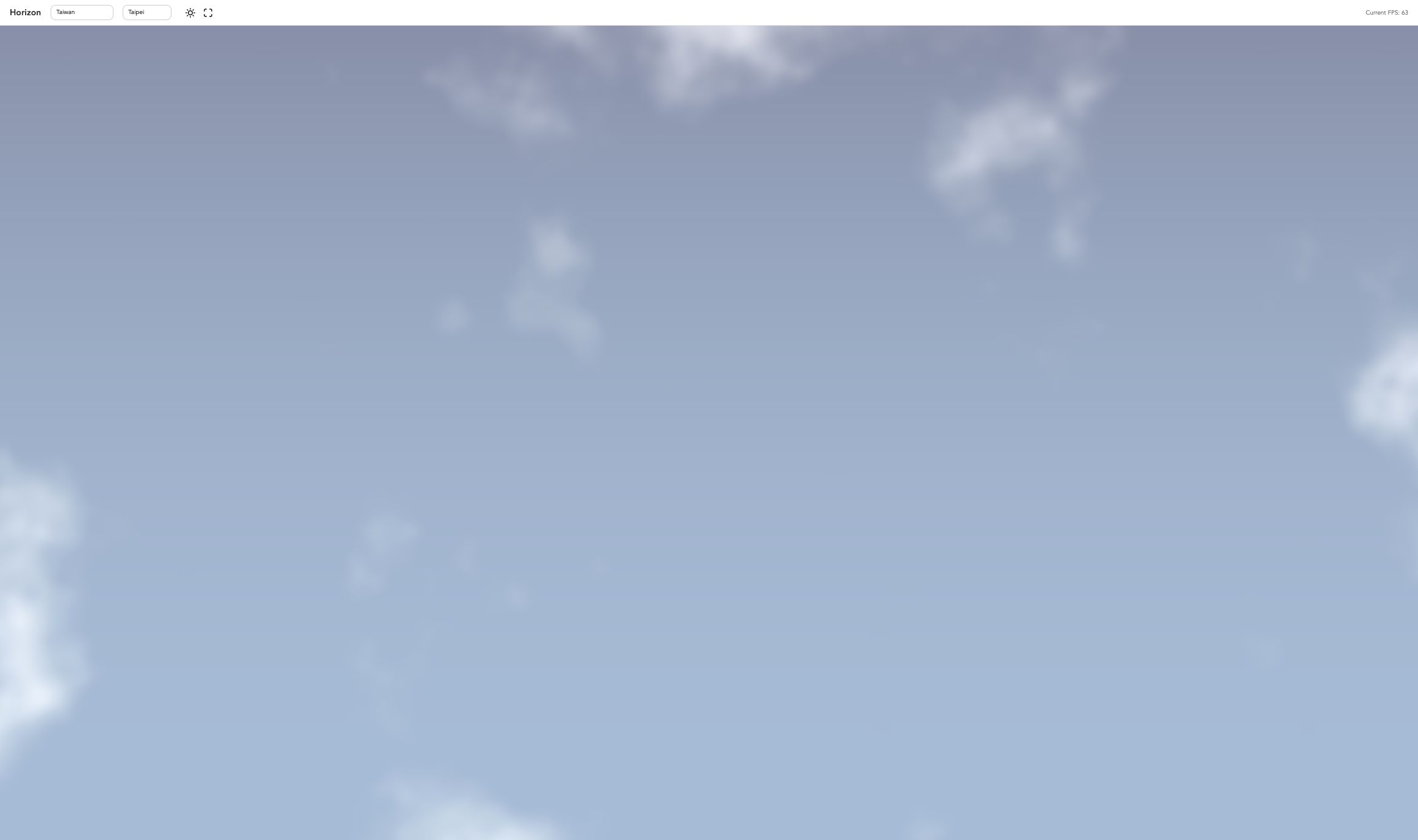 Horizon live product with Taiwan and Taipei selected, a fullscreen control in the header, and a pale blue procedural sky with large cloud formations.