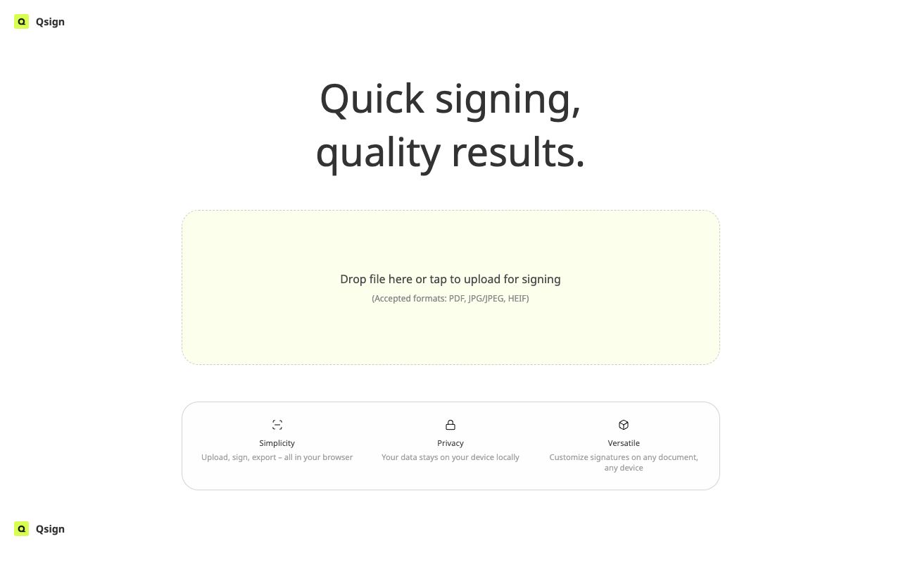 QSign's live entry screen with a central document upload area, accepted PDF and image formats, and statements about browser-based signing and local document handling.