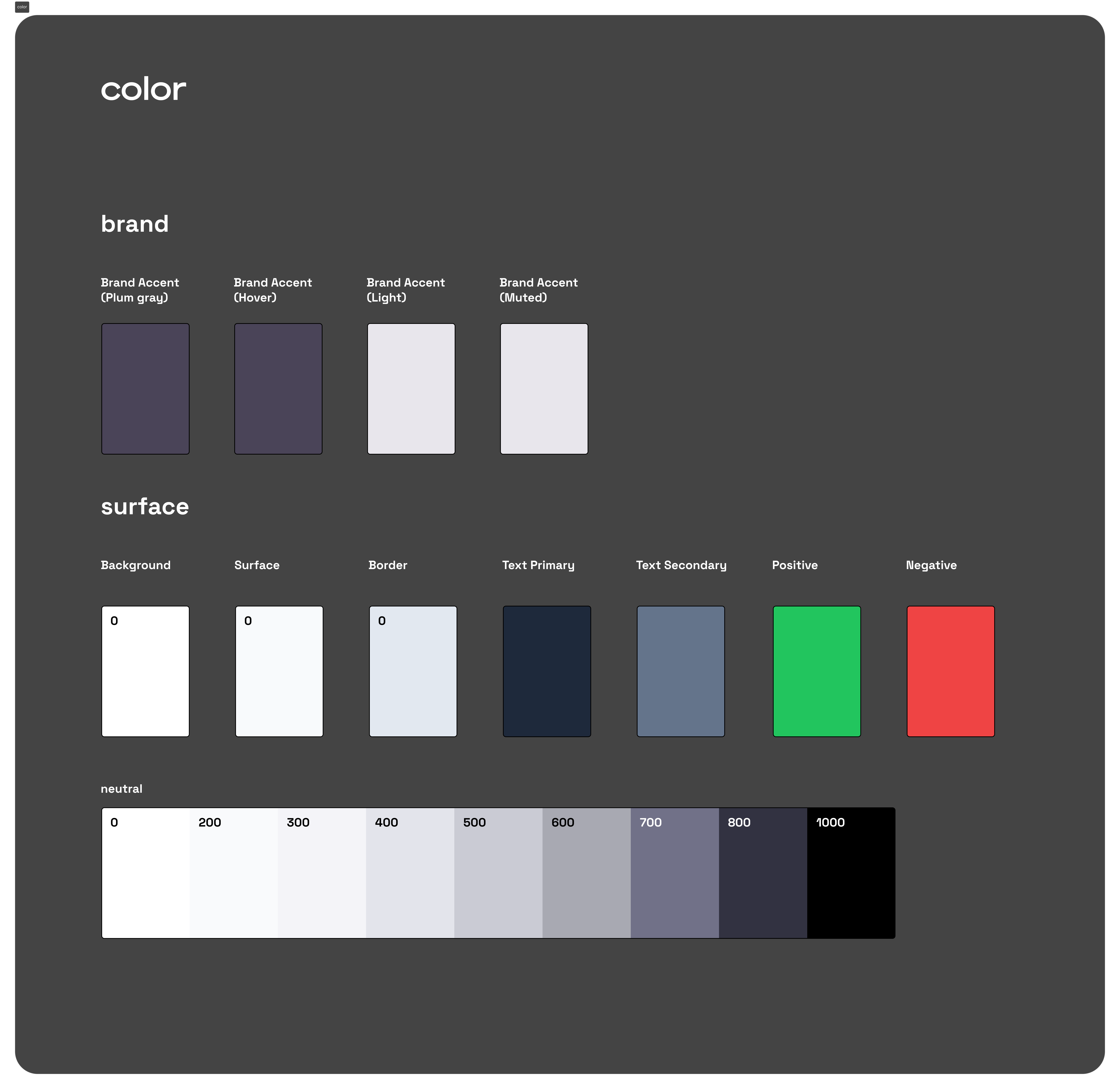 The Sozu color sheet: plum gray brand accent with hover, light, and muted variants, surface and text roles, positive and negative semantics, and a neutral scale from 0 to 1000.