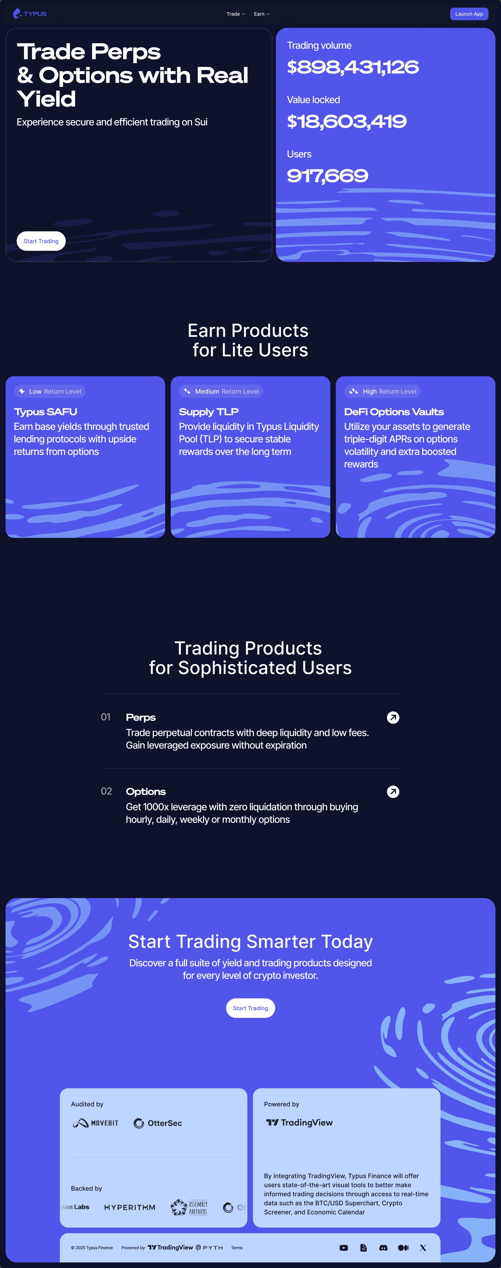 The v2 rebrand landing page, with Earn and Trading paths in a deep navy and indigo identity.