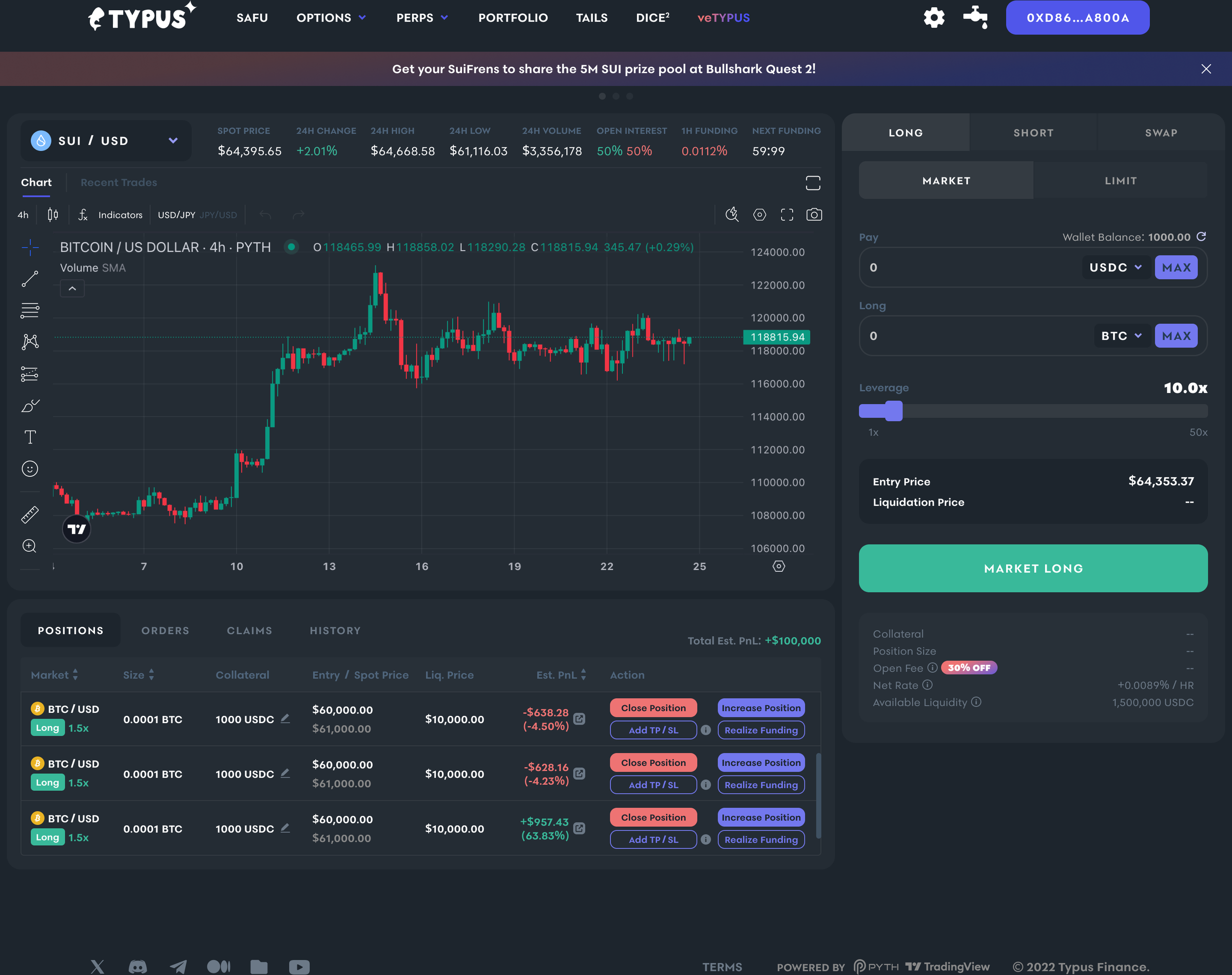 Typus perpetual trading interface with market chart, open positions, and trade ticket.