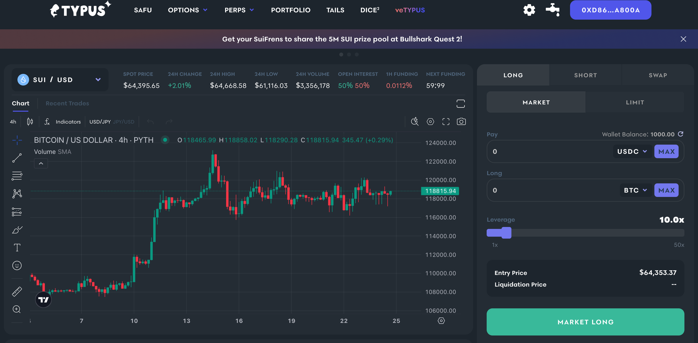 Typus Perps screen with a market chart and trading ticket.