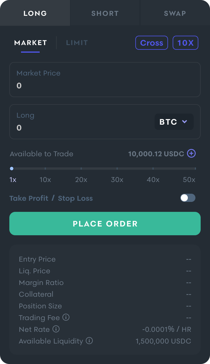 The empty perps order ticket: long, short, and swap tabs, market or limit order, cross margin badge, and a leverage slider.