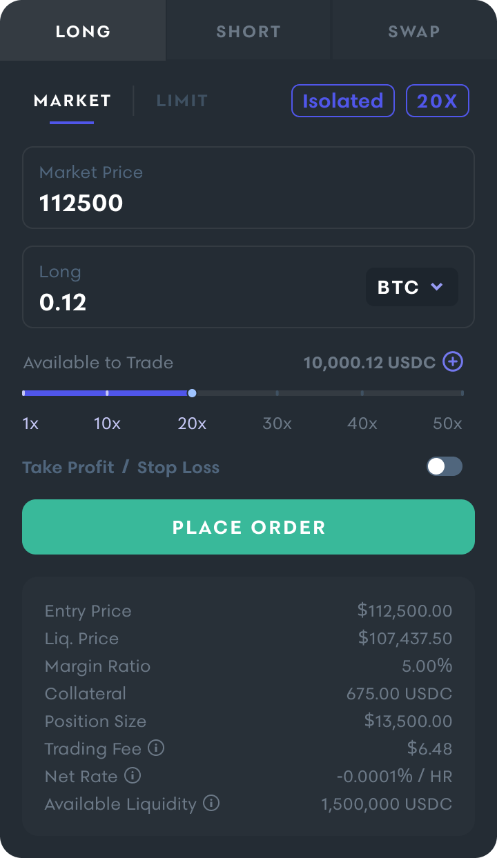 Original Typus Perps filled trade ticket in dark mode.