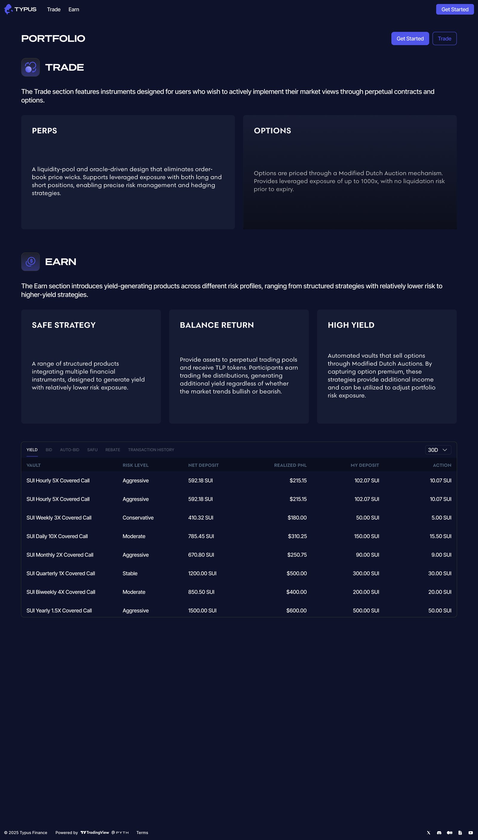 The v2 portfolio, with positions regrouped under Trade and Earn.