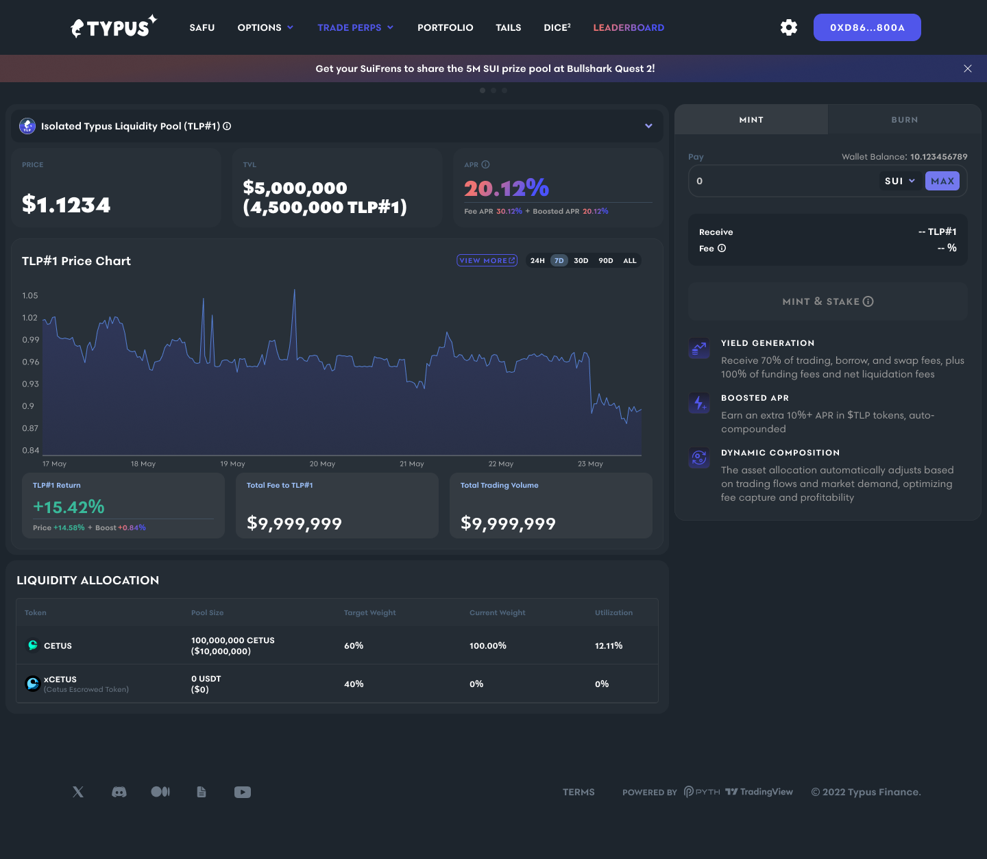 Typus TLP liquidity pool screen with pool metrics, price chart, mint controls, yield sources, and liquidity allocation.
